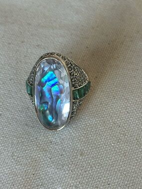 AKKAD Silver-Tone Blue Abalone Crystal Statement Ring